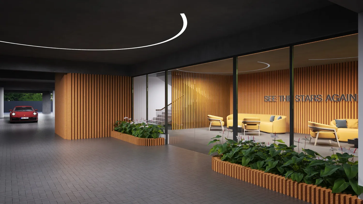 Hotel lobby with timber screen