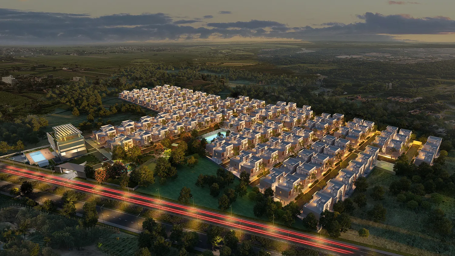 Villa township aerial at dusk
