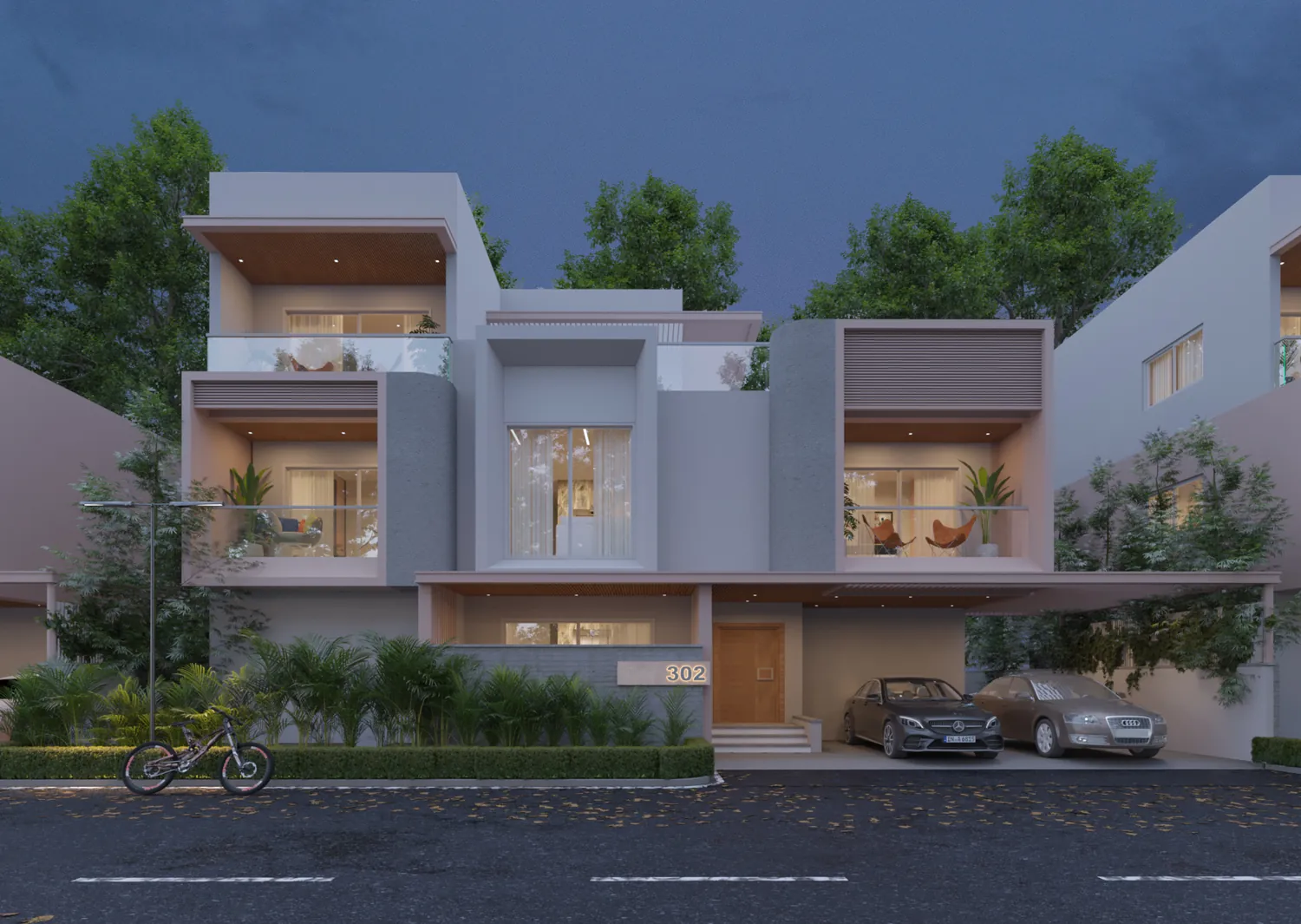 Duplex villas elevation in the evening
